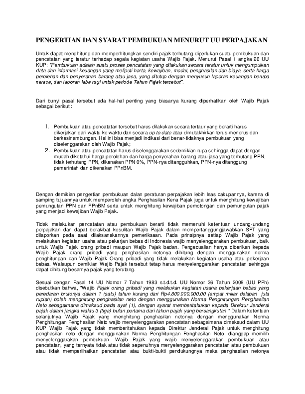 (DOC) PENGERTIAN DAN SYARAT PEMBUKUAN MENURUT UU PERPAJAKAN  Lee