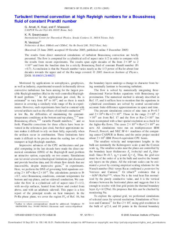 (PDF) Turbulent thermal convection at high Rayleigh numbers for a ...