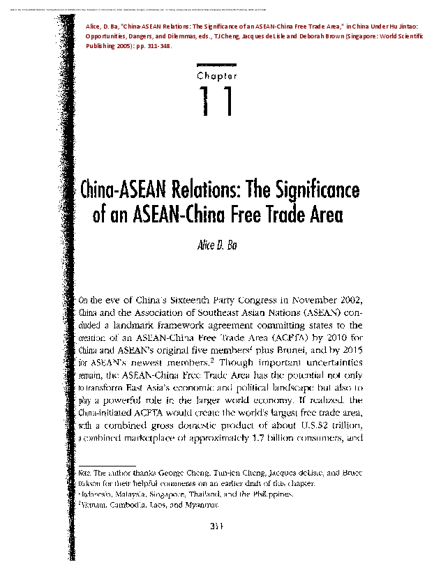 China-ASEAN Relations: The Significance of an ASEAN-China Free Trade Area