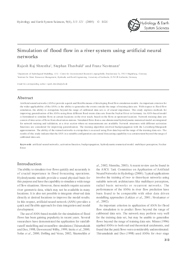 (PDF) Simulation of flood flow in a river system using ar tificial ...