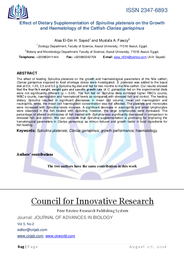 (PDF) Effect of Dietary Supplementation of Spirulina Platensis on the ...