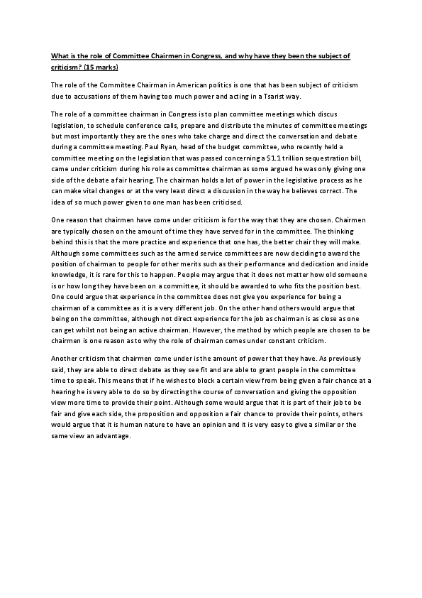 (DOC) What is the role of Committee Chairmen in Congress Alex Eaton