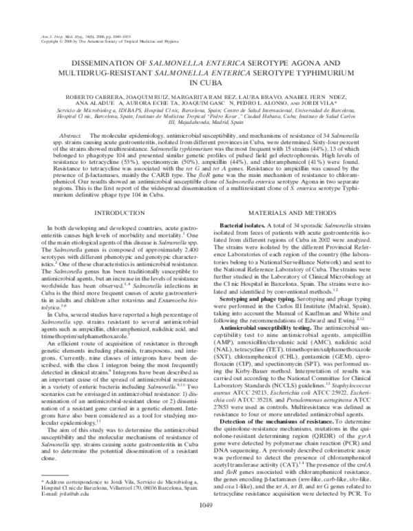 (PDF) DISSEMINATION OF SALMONELLA ENTERICA SEROTYPE AGONA AND MULTIDRUG