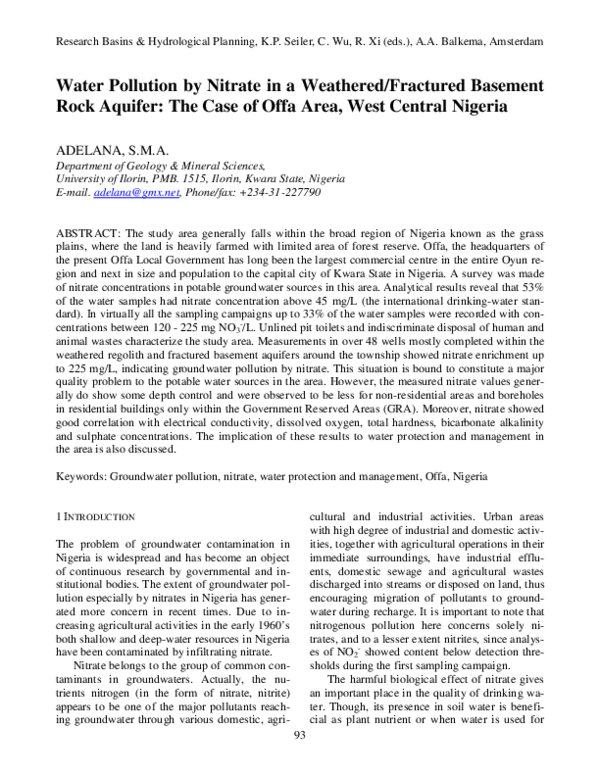 (PDF) Water Pollution by Nitrate in a Weathered/Fractured Basement Rock ...