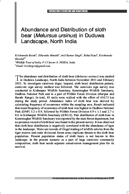 (PDF) Abundance and Distribution of sloth bear (Melursus ursinus) in