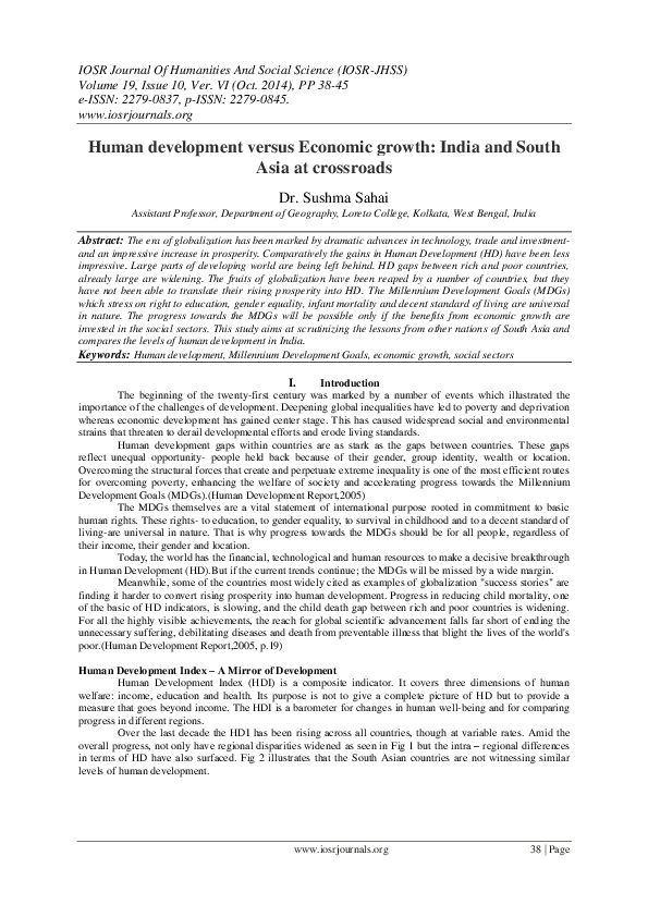 (PDF) Human development versus Economic growth: India and South Asia at ...