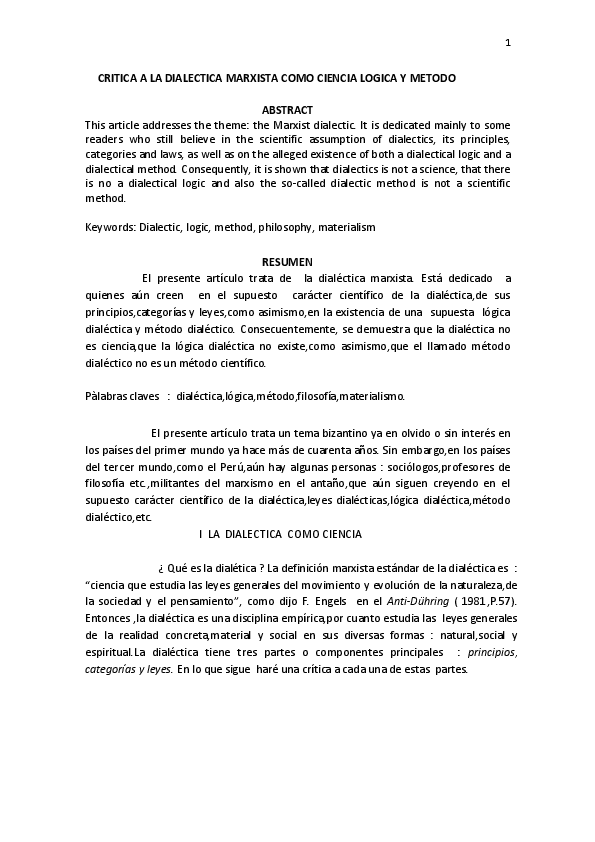 Doc Critica A La Dialectica Como Ciencia Logica Y Metodo