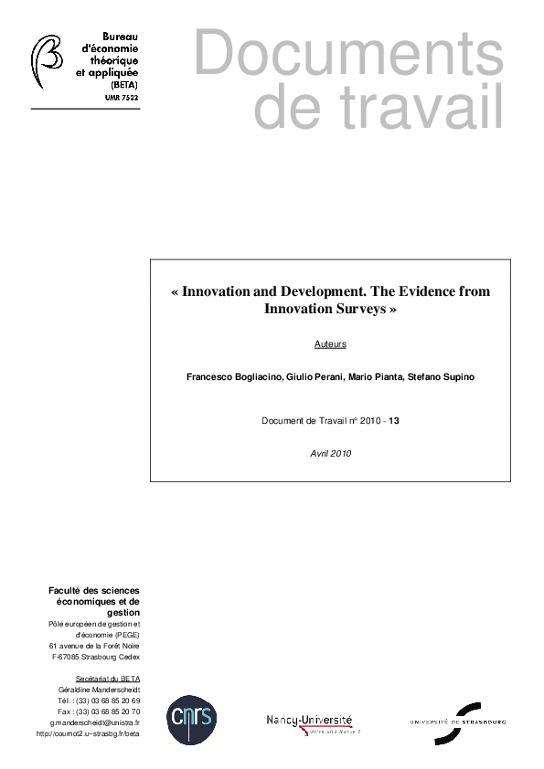 (PDF) Innovation and Development. The Evidence from Innovation Surveys