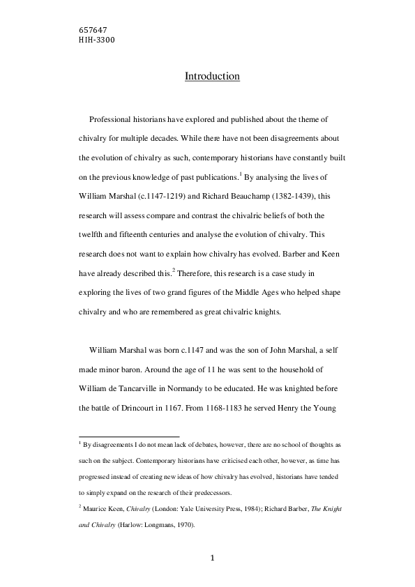 A Comparative Study: How useful are the lives of William Marshal (c.1147-1217) and Richard Beauchamp (1382-1439) in explaining the nature and evolution of chivalry from the late Twelfth Century to the early Fifteenth Century?