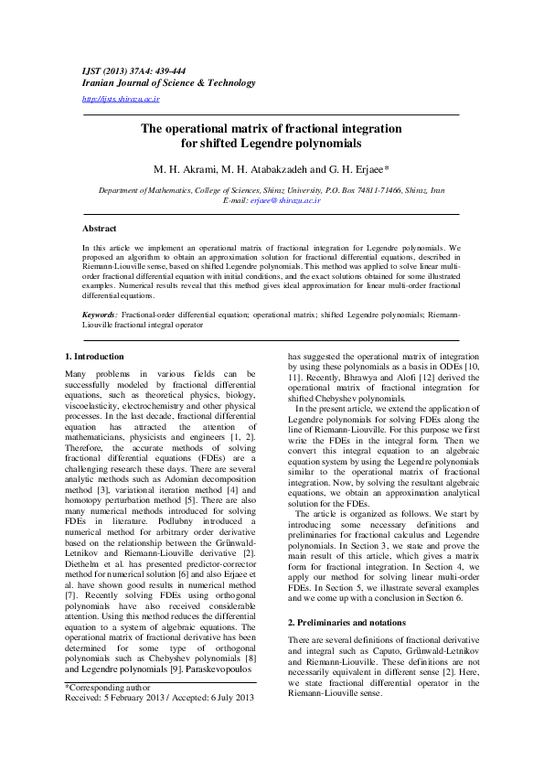 (PDF) The operational matrix of fractional integration for shifted ...