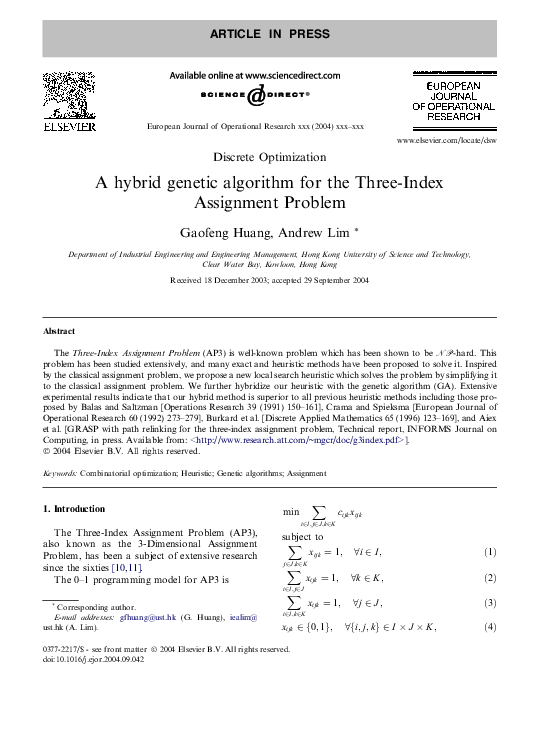 (PDF) A hybrid genetic algorithm for the Three-Index Assignment Problem