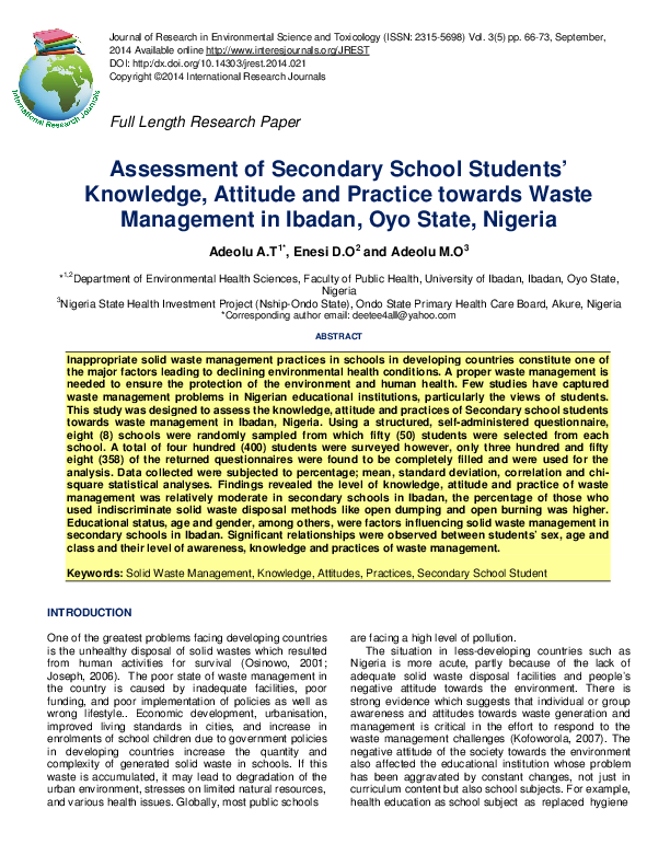 (PDF) Assessment of Secondary School Students’ Knowledge, Attitude and ...