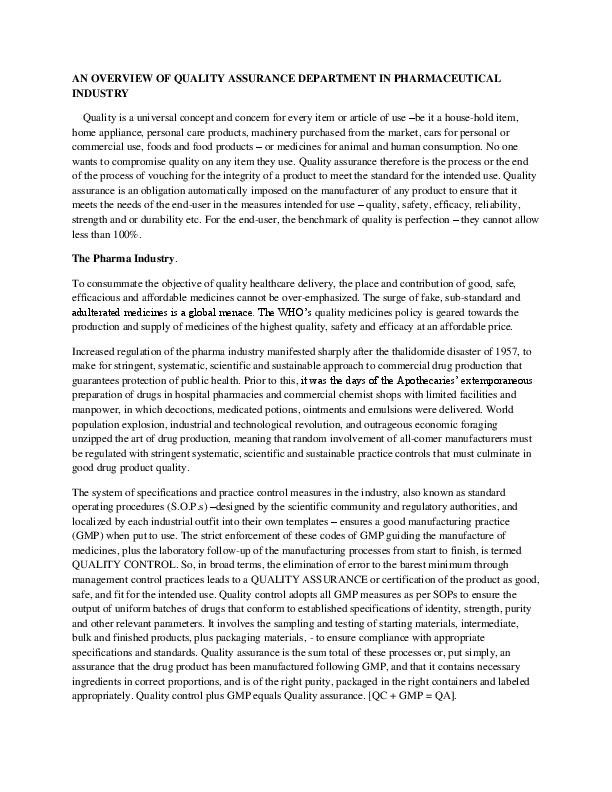 (DOC) An Overview of Quality Assurance Department in the Pharmaceutical