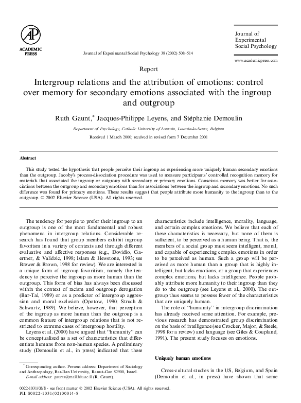 (PDF) Intergroup relations and the attribution of emotions: Control ...