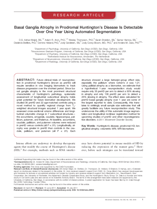 (PDF) Basal ganglia atrophy in prodromal Huntington's disease is
