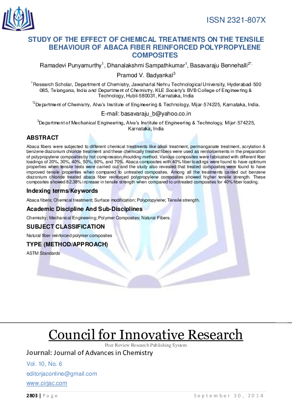 (PDF) STUDY OF THE EFFECT OF CHEMICAL TREATMENTS ON THE TENSILE ...