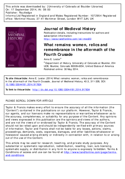 What Remains: Women, Relics and Remembrance in the Aftermath of the Fourth Crusade