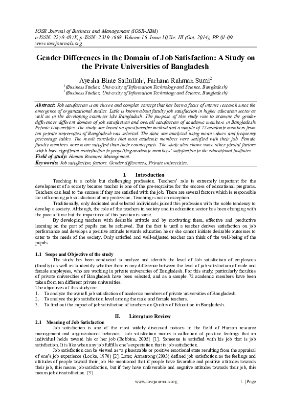 (PDF) Gender Differences in the Domain of Job Satisfaction: A Study on ...