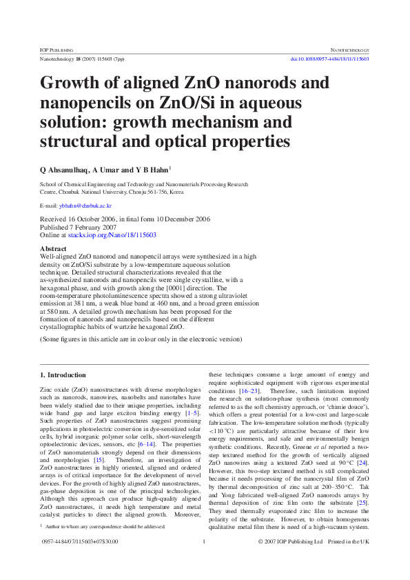 (PDF) Growth of aligned ZnO nanorods and nanopencils on ZnO/Si in ...