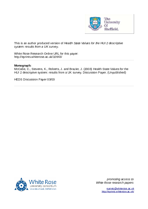 (PDF) Health state values for the HUI 2 descriptive system: results ...