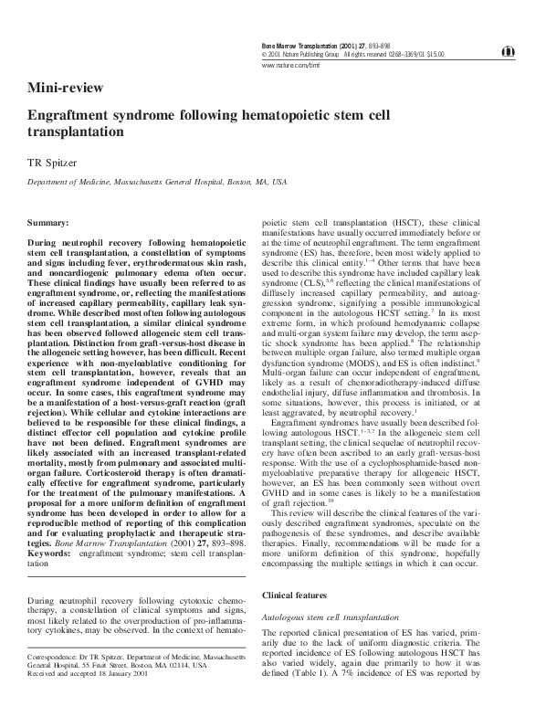 (PDF) Mini-review Engraftment syndrome following hematopoietic stem ...