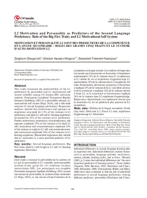 (PDF) L2 Motivation and Personality as Predictors of the Second ...