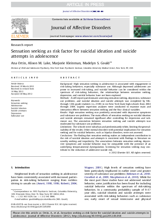 (PDF) Sensation seeking as risk factor for suicidal ideation and ...