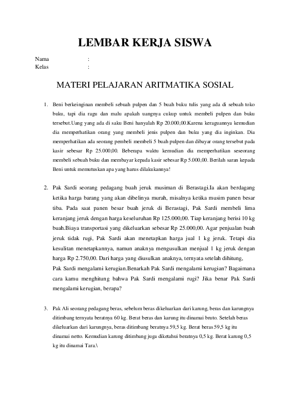 Doc Lembar Kerja Siswa Nama Kelas Materi Pelajaran Aritmatika Sosial Dion Putra Academia Edu