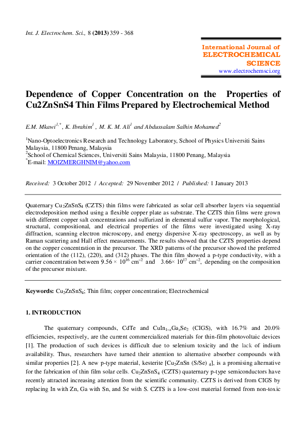 (PDF) Dependence of Copper Concentration on the Properties of Cu2ZnSnS4 ...
