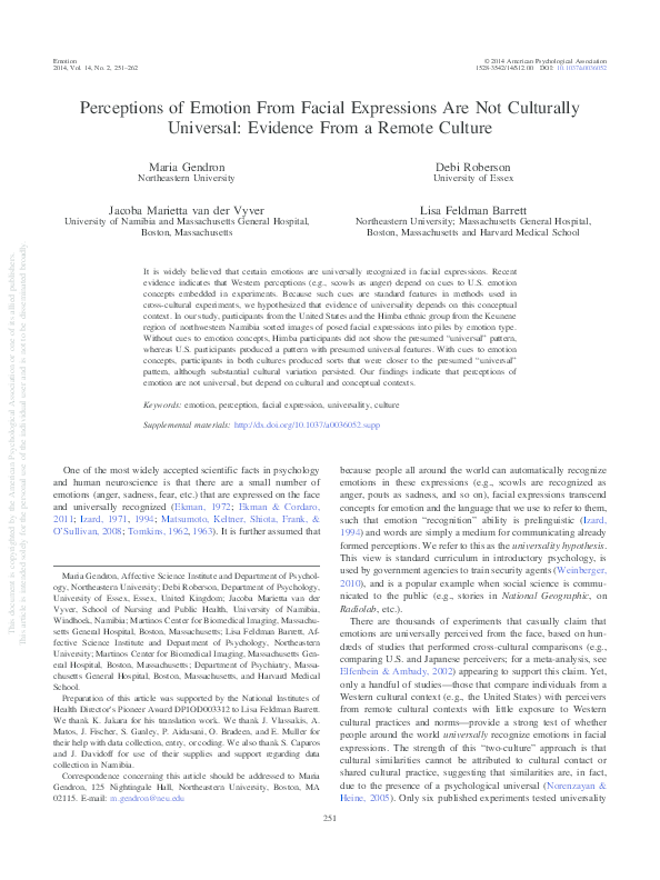 (PDF) Perceptions of emotion from facial expressions are not culturally ...