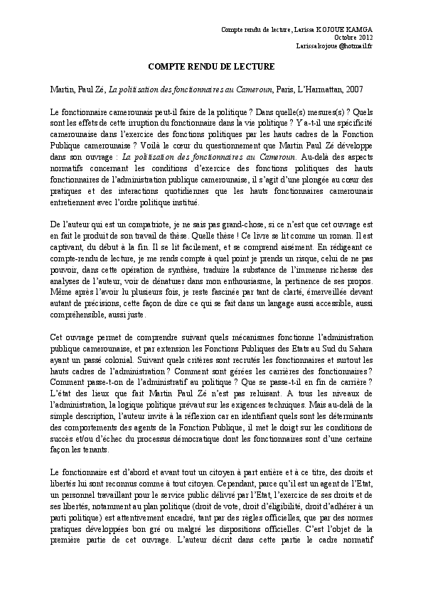 Pdf La Politisation Des Fonctionnaires Au Cameroun Larissa Kojoue Academia Edu