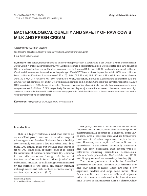 (PDF) Bacteriological quality and safety of raw cow's milk and fresh