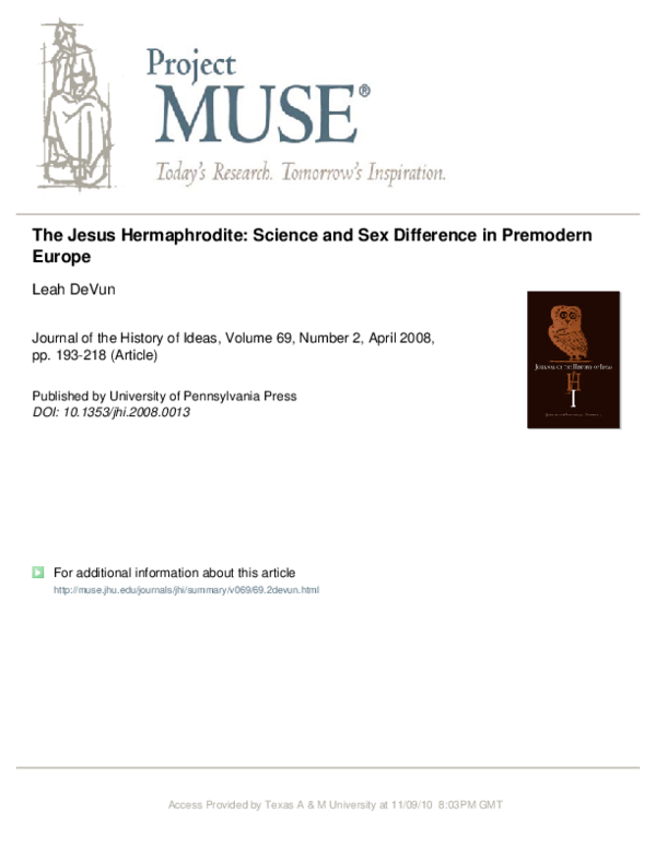 (PDF) Leah DeVun, "The Jesus Hermaphrodite Science and Sex Difference