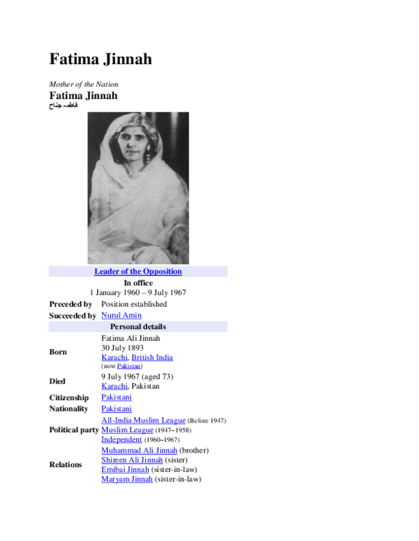 (DOC) Fatima Jinnah Mother of the Nation Fatima Jinnah