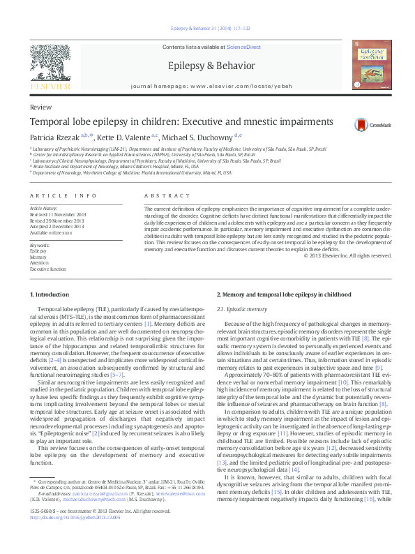 (PDF) Temporal lobe epilepsy in children: Executive and mnestic impairments
