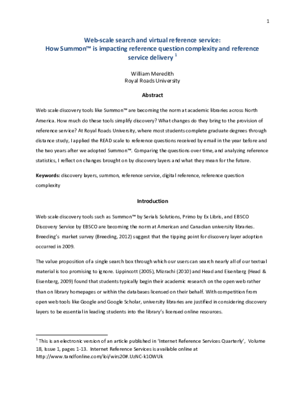 (PDF) Web-scale search and virtual reference service: How Summon™ is ...
