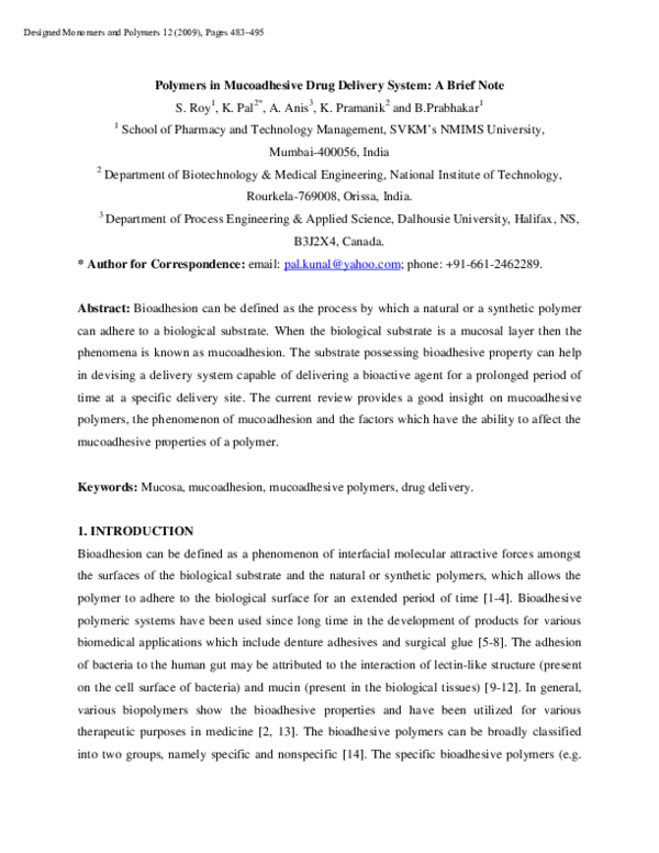 (PDF) Polymers in Mucoadhesive Drug Delivery System: A Brief Note