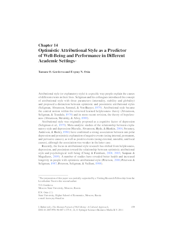(PDF) Optimistic attributional style as a predictor of well-being and ...