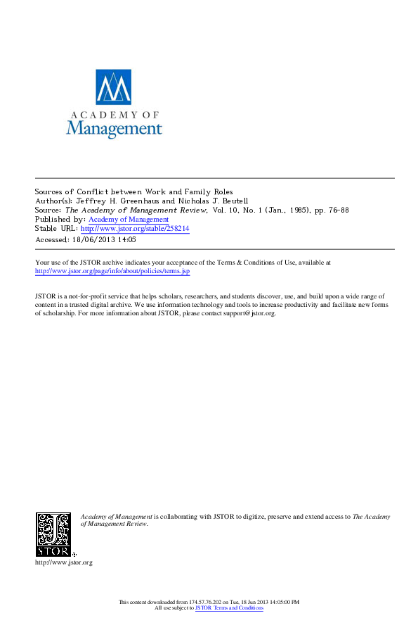 (PDF) Sources of Conflict between Work and Family Roles Author(s