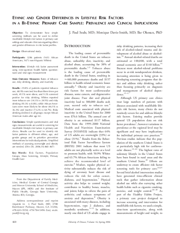 (PDF) ETHNIC AND GENDER DIFFERENCES IN LIFESTYLE RISK FACTORS IN A ...