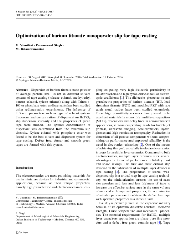 (PDF) Optimization of barium titanate nanopowder slip for tape casting