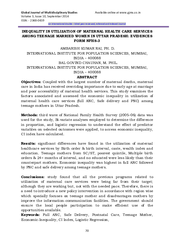 Pdf Inequality In Utilization Of Maternal Health Care Services Among