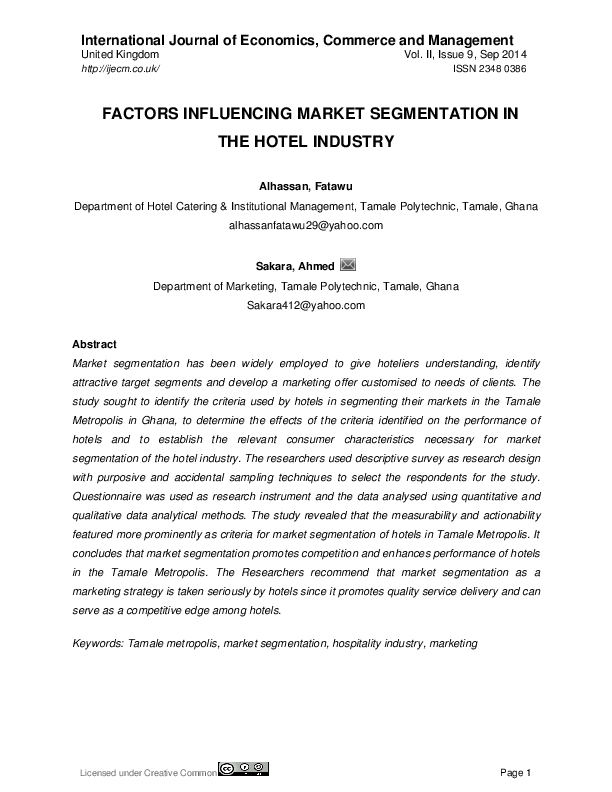 (PDF) FACTORS INFLUENCING MARKET SEGMENTATION IN THE HOTEL INDUSTRY