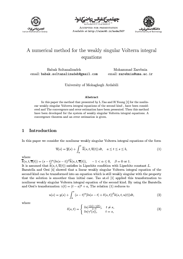 (PDF) A numerical method for the weakly singular Volterra integral ...