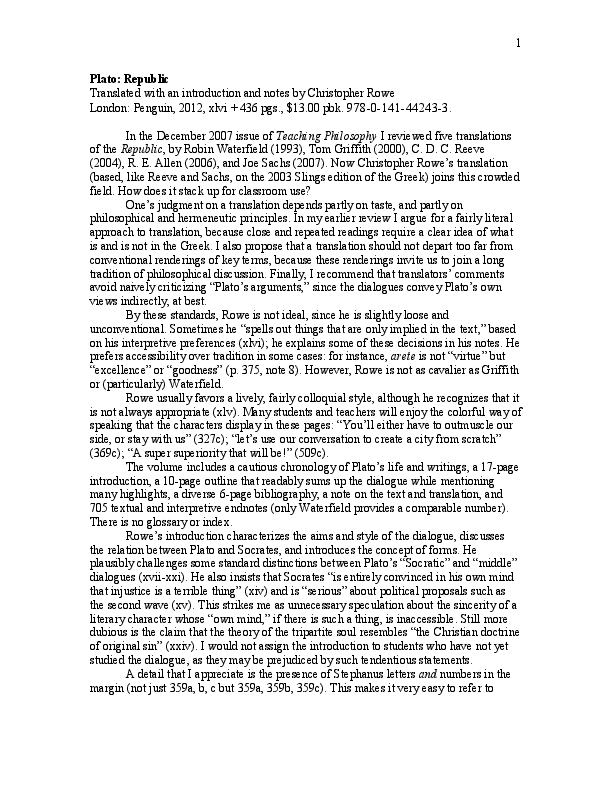 (PDF) Review of Plato, Republic, trans. Christopher Rowe Richard Polt Academia.edu