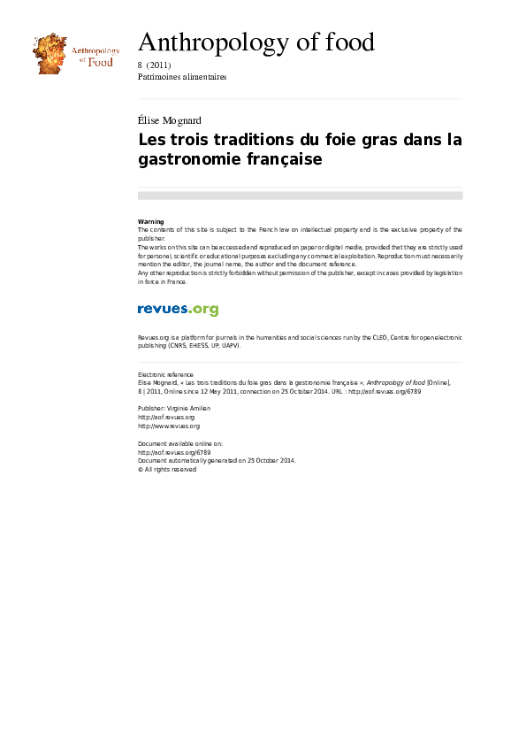 (PDF) Les trois traditions du foie gras dans la gastronomie française
