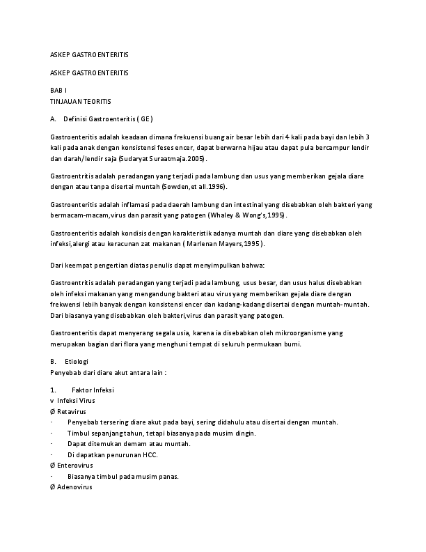 Doc Askep Gastroenteritis Askep Gastroenteritis Bab I Tinjauan Teoritis A