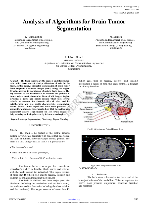 (PDF) Analysis of Algorithms for Brain Tumor Segmentation