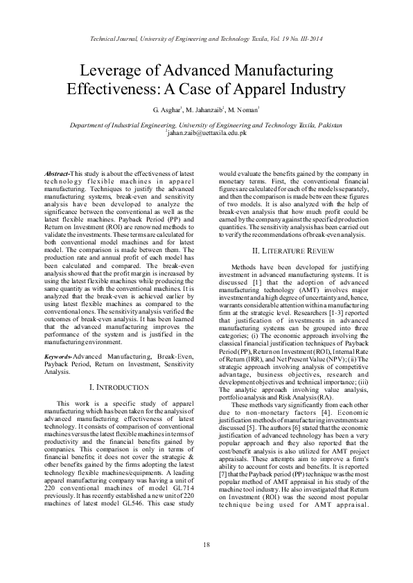 (PDF) Leverage of Advanced Manufacturing Effectiveness A Case of