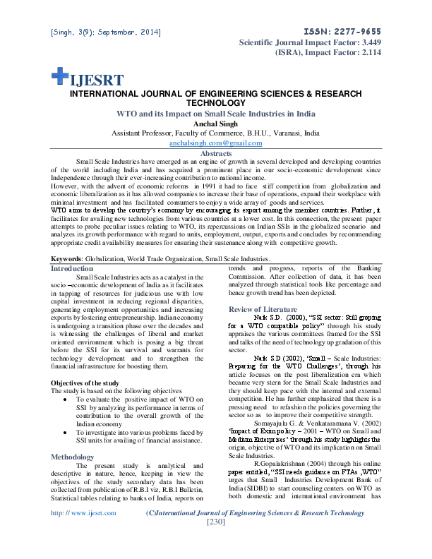(PDF) WTO and its Impact on Small Scale Industries in India